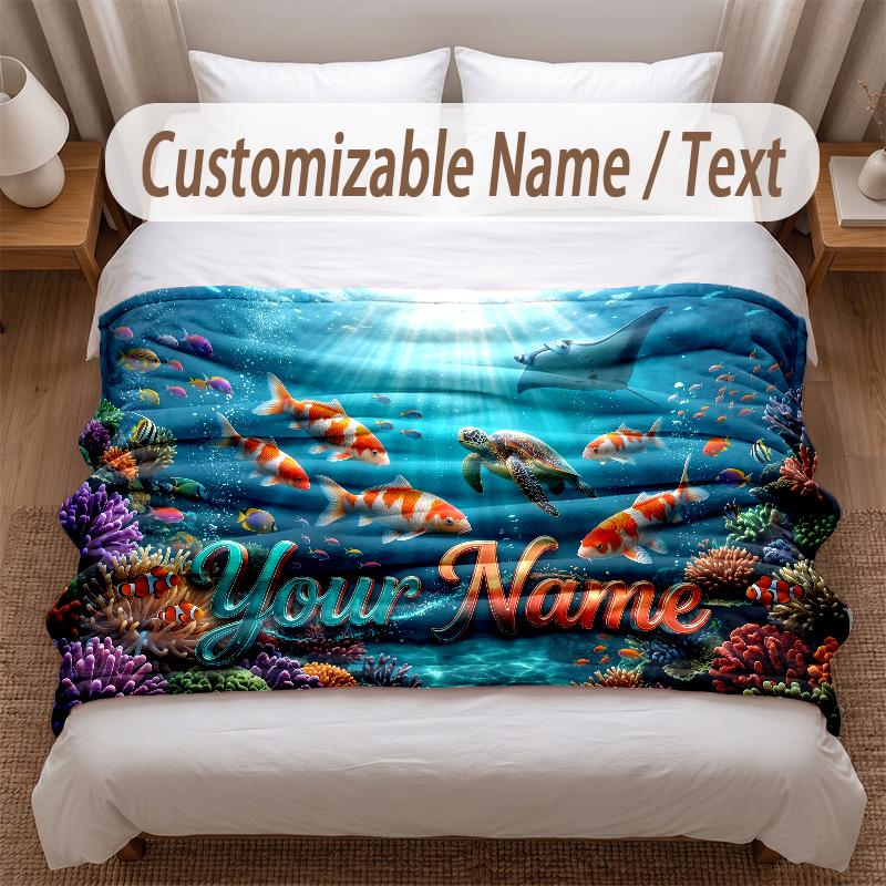 Fish Ocean Theme Soft Blanket Personalized Custom Name Text Print Warm Blanket Home Sofa Bedroom Decor