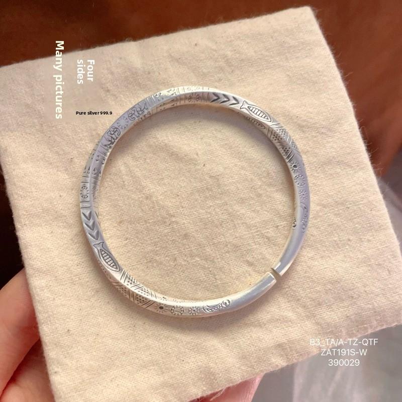 Fu's Foot Silver 999.9 Retro Totem Bracelet Solid Open Sterling Silver Bracelet Niche Design Ethnic Style