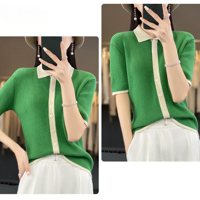 IHUASU Cotton Knitted Cardigan Short-sleeved T-shirt Women's Summer Slim Versatile Bottoming Outside Wear