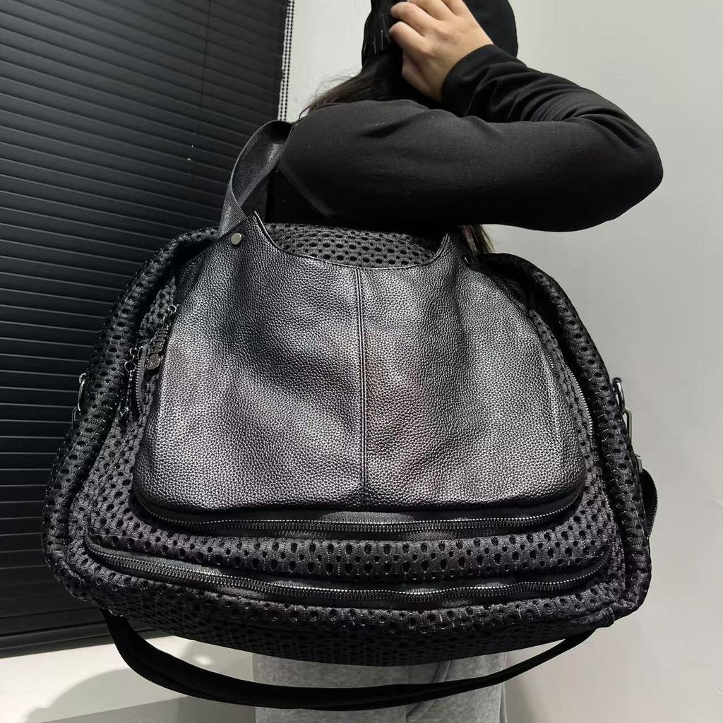 Women'S Mesh Splicing Leather Tote Bag Large Capacity Casual Versatile Shoulder Bag
