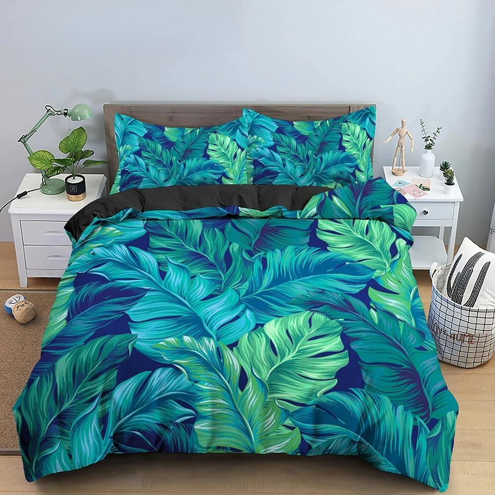 Nature Tropical Green Leaves King Queen Bedding Set Rainforest Jungle Plant Duvet Cover 3D Botanical Polyester Comforter Cover