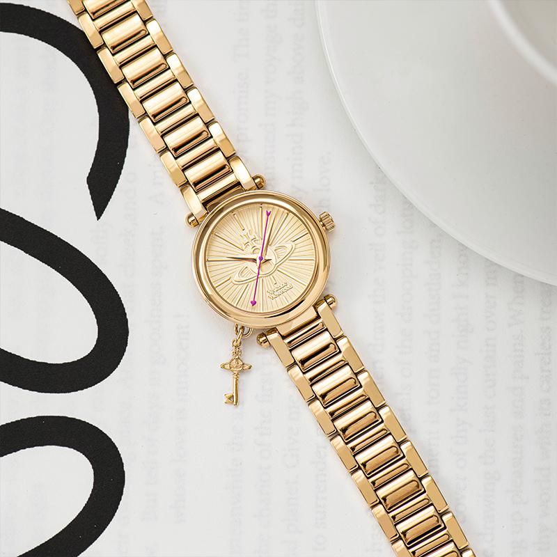 Vivienne Westwood Quartz Watch Stainless Steel Band Gold Dial 50 Meters Water Resistant Women watches Silver VV006KGD