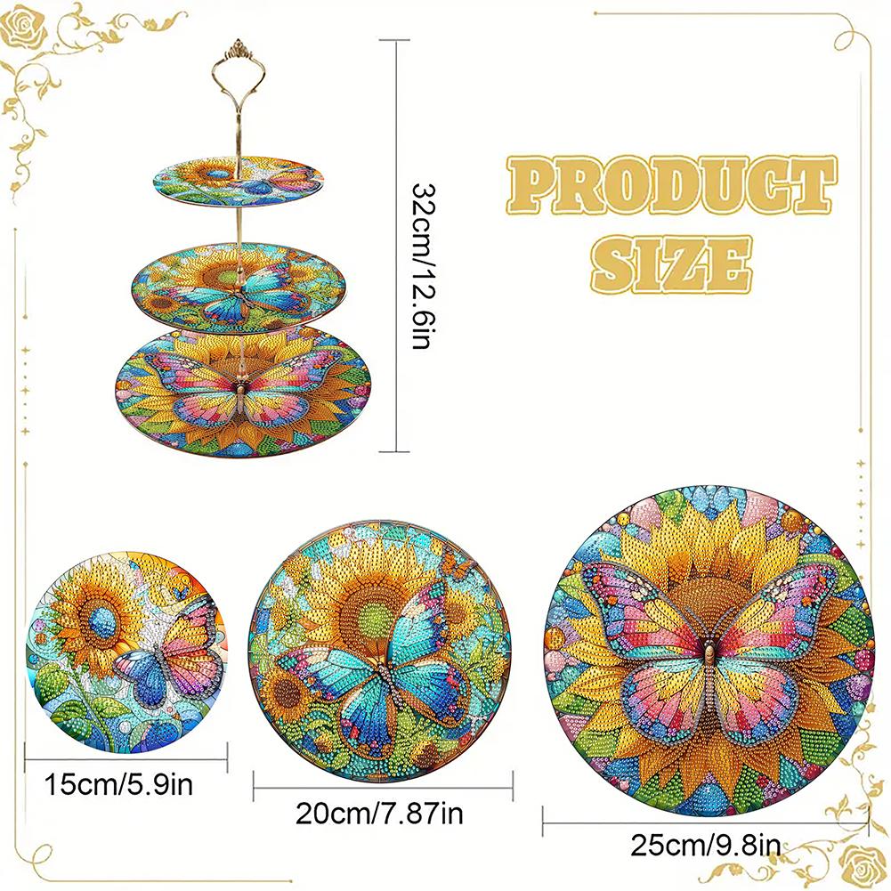 3 Tier Acrylic Butterfly Sunflower Colorful Diamond Food Dinner Plate DIY Diamond Painting Food Tray for Desk Coffee Table