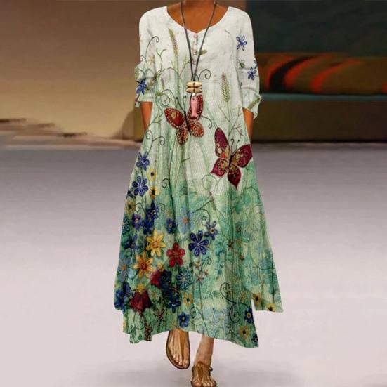 Ethnischer Stil, O-Ausschnitt, halbe Ärmel, Maxikleid, Taschen, knöchellang, A-Linie, Pfauenmuster, unregelmäßiger Saum, Tunika-Kleid, Streetwear