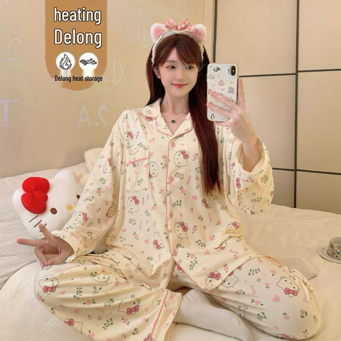 Женский флисовый комплект на осень/зиму: кардиган с отложным воротником и мультяшным принтом + длинные брюки - Уютная домашняя одежда M