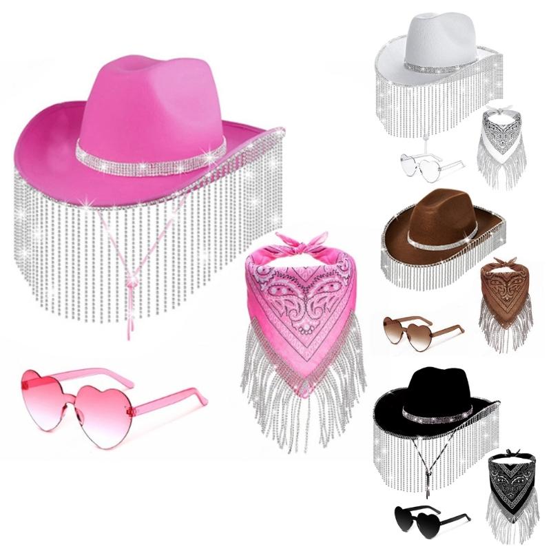 Stylish Cowgirl Hat Wide Brim Cowboy Hat with Square Neck Scarf & Glasses for Bachelorette Parties and Costume Event