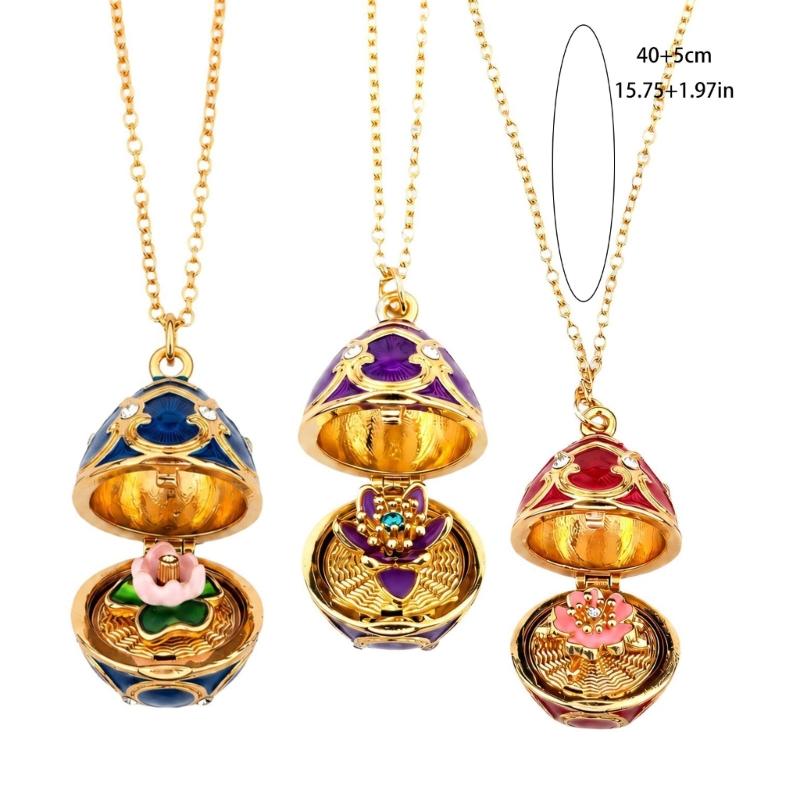 Enamel Egg Pendant Necklace with Hinged Opening, Collarbone Chain, Gold-Tone Chain, and Easter Outfit Styling for Women