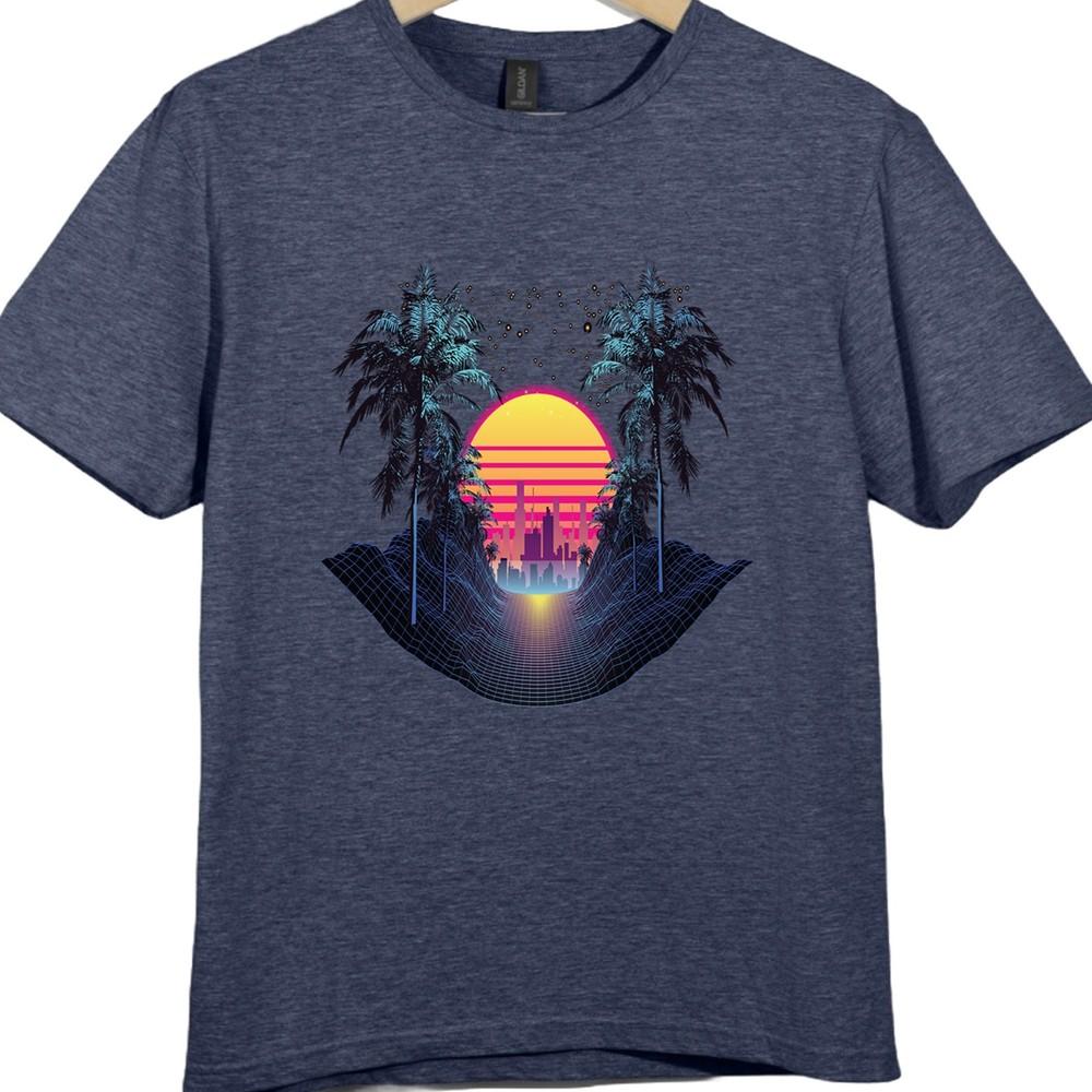 Synthwave T Shirt Retro 80s Neon Sunset City Palm Trees Vaporwave Tee