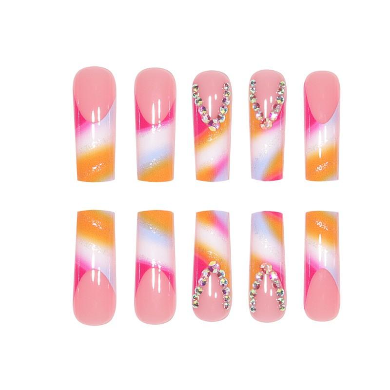 French Style Gradient Press-On Nails With Crushed Glitter Rhinestones Long Wearable Artificial Nail Tips