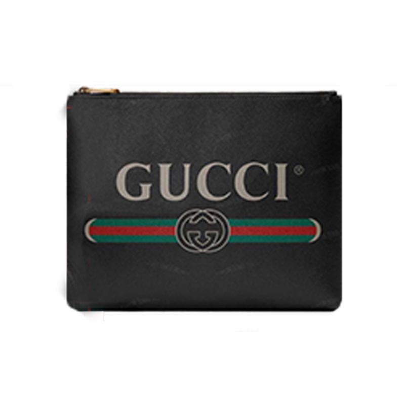 Gucci Print Retro Logo Print Wristband Leather Clutch Unisex Black