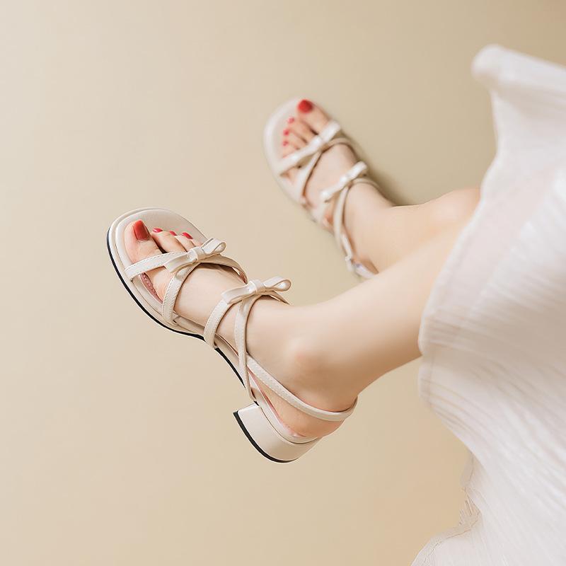 Augustine Thick-heeled Sandals Women's Outer Wear 2025 New Summer French with Skirt Fairy Style Bow Single Shoes