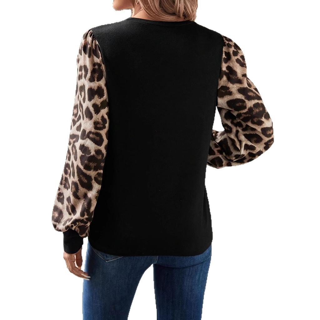 Damen T-Shirt Tops im Herbst und Winter Neu Leopardendruck Locker Langärmlig Rundhals Gespleißtes T-Shirt Vielseitige Tops