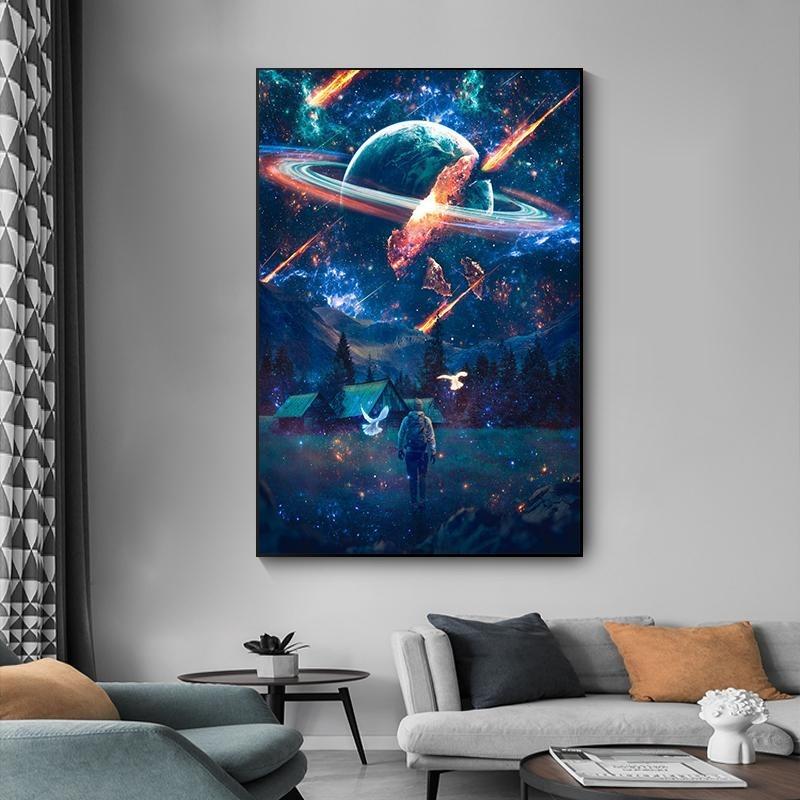 Modern Colorful Posters with a Cosmic Planet, Canvas, Painting, Abnormal Landscape, Scandinavian Wall Art Painting for the Living Room,