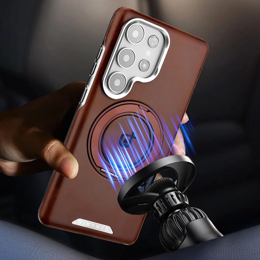 Magnetic Suction 360 Rotating Bracket Leather Case for Samsung Galaxy S25 Ultra S24 Plus S23Ultra Ring Holder Stand Phone Cover