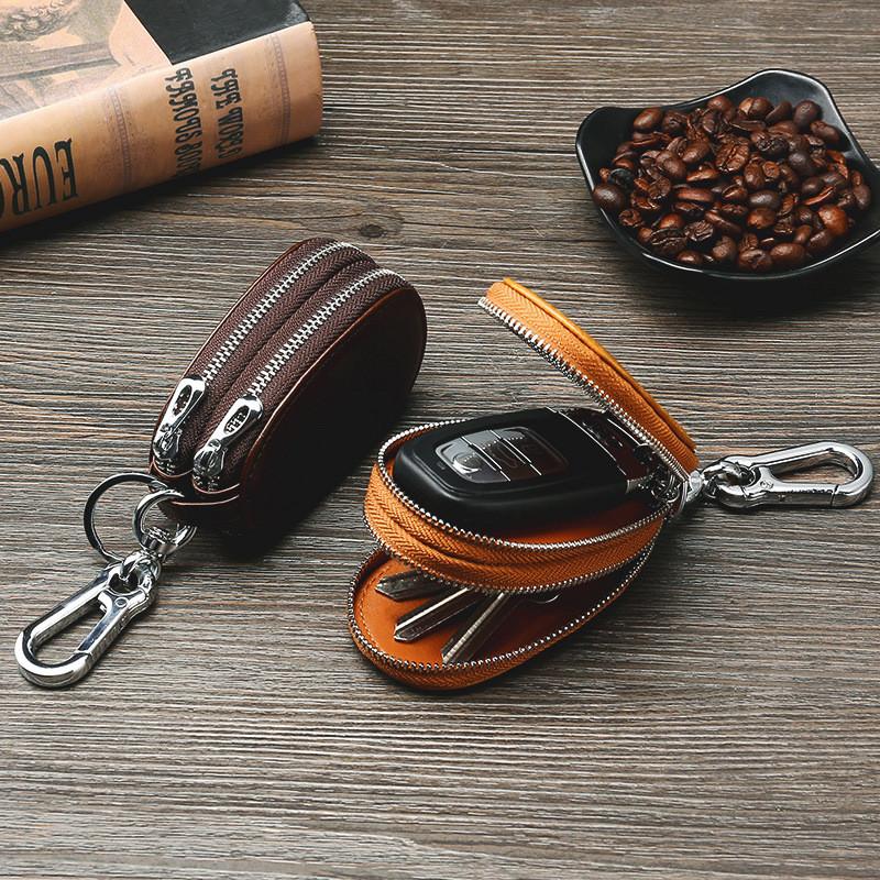 Leather Car Key Case With Double Zipper For Daily Use In Vintage Retro Style