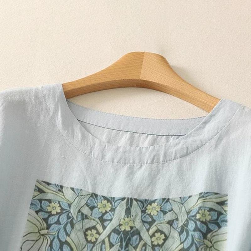 Cotton Short Sleeve T-Shirt Women Summer Hemp Printed Drawstring Loose Casual Round Neck Pullover Tops