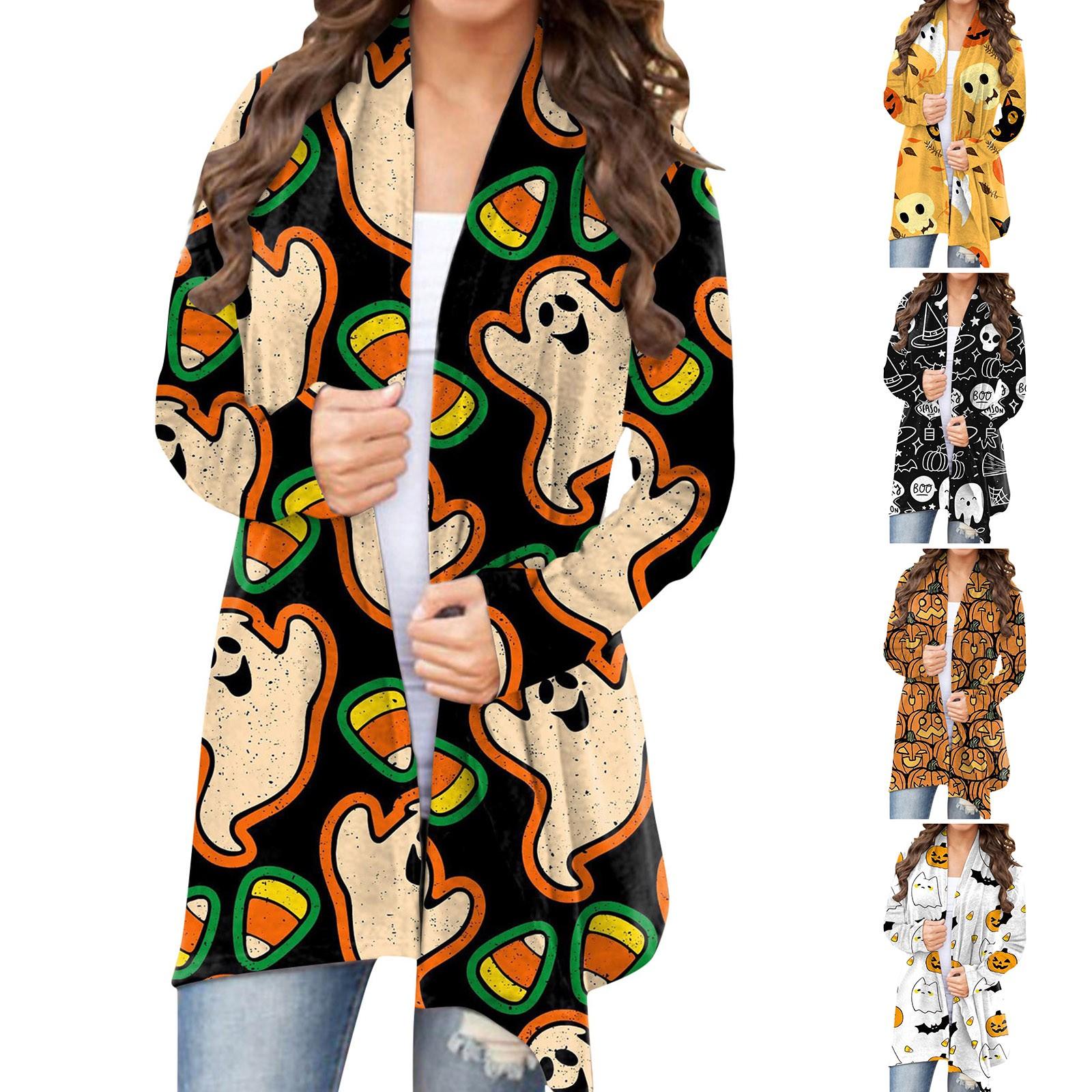 

Women s Fashion Casual 2022 Halloween Print Medium Length Cardigan Jacket Coat