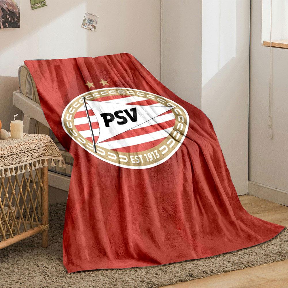 Ein PSV-Logo mit einem gestreiften Oval, zwei Sternen und einem Dreiecksflaggen-Design. Decke für alle Jahreszeiten Mittagspause Überwurf Geschenk