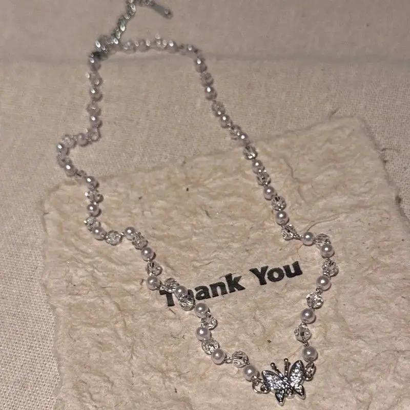 

Exquisite Crystal Pearl String Butterfly Necklace For Women Fashionable Personalized Daily Accessory Party Zircon Birthday Gift