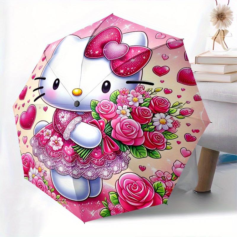 Hello Kitty,Flowers Automatic Folding Umbrella-Simple 8-Rib Design, Bright Cartoon Pattern, Durable Iron Frame, Suitable For Travel, Outdoor