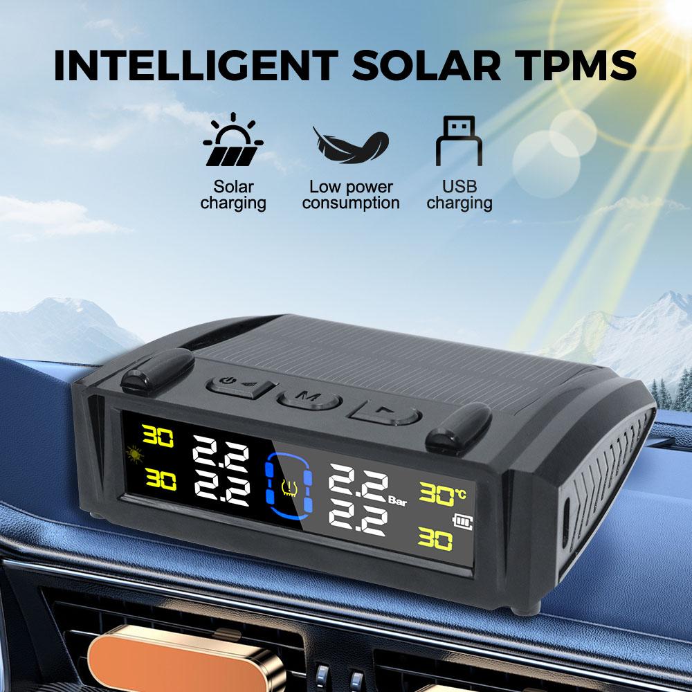 Temperature Warning 0-6Bar Waterproof Digital LCD Display USB / Solar Power Tire Pressure Monitoring System Car TPMS