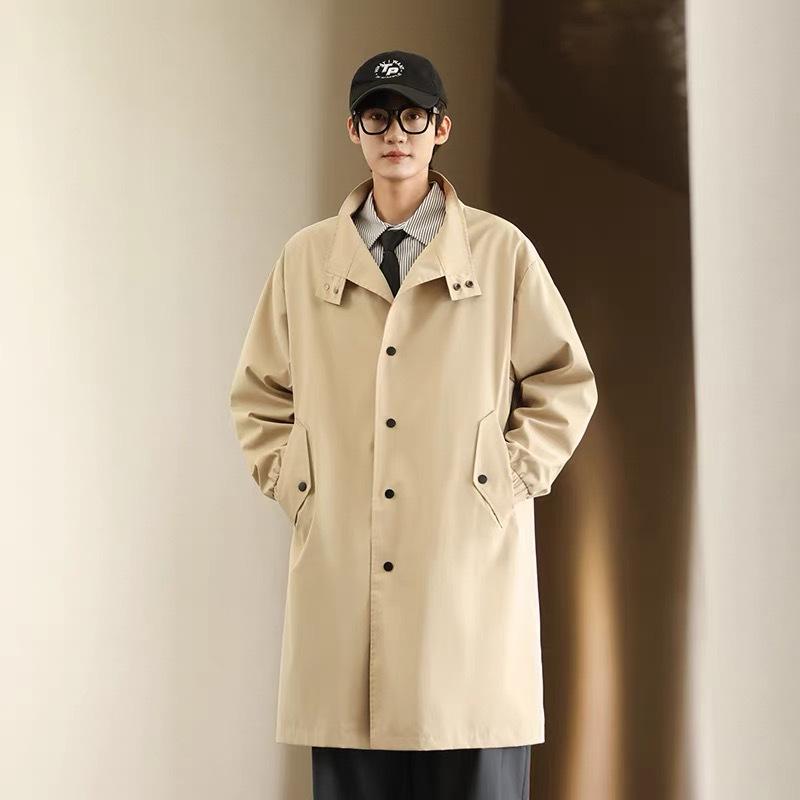 Men's Mid-Length Single-Breasted Trench Coat with Stand-Up Collar - Loose Casual Fit, Plus Size, British Style Jacket