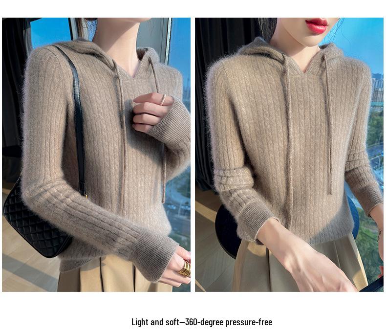 Damen Oversize Zopfstrick-Wollpullover mit Kapuze und Kordelzug: Herbst/Winter Pullover im literarischen Stil