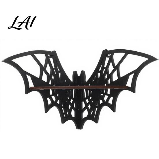 Small Floating Rack Halloween Bat Corner Shelf Decorative Wooden Wall Mount Display Mounted Organizer Spiderweb Design Gothic for Home Bedroom,