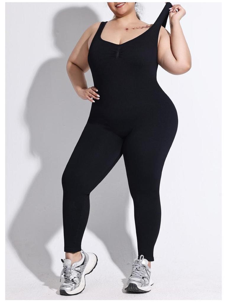 Plus Size Ribbed Backless Jumpsuit: Double Shoulder Strap, Body Shaping, Seamless Hip Lifting Yoga Wear