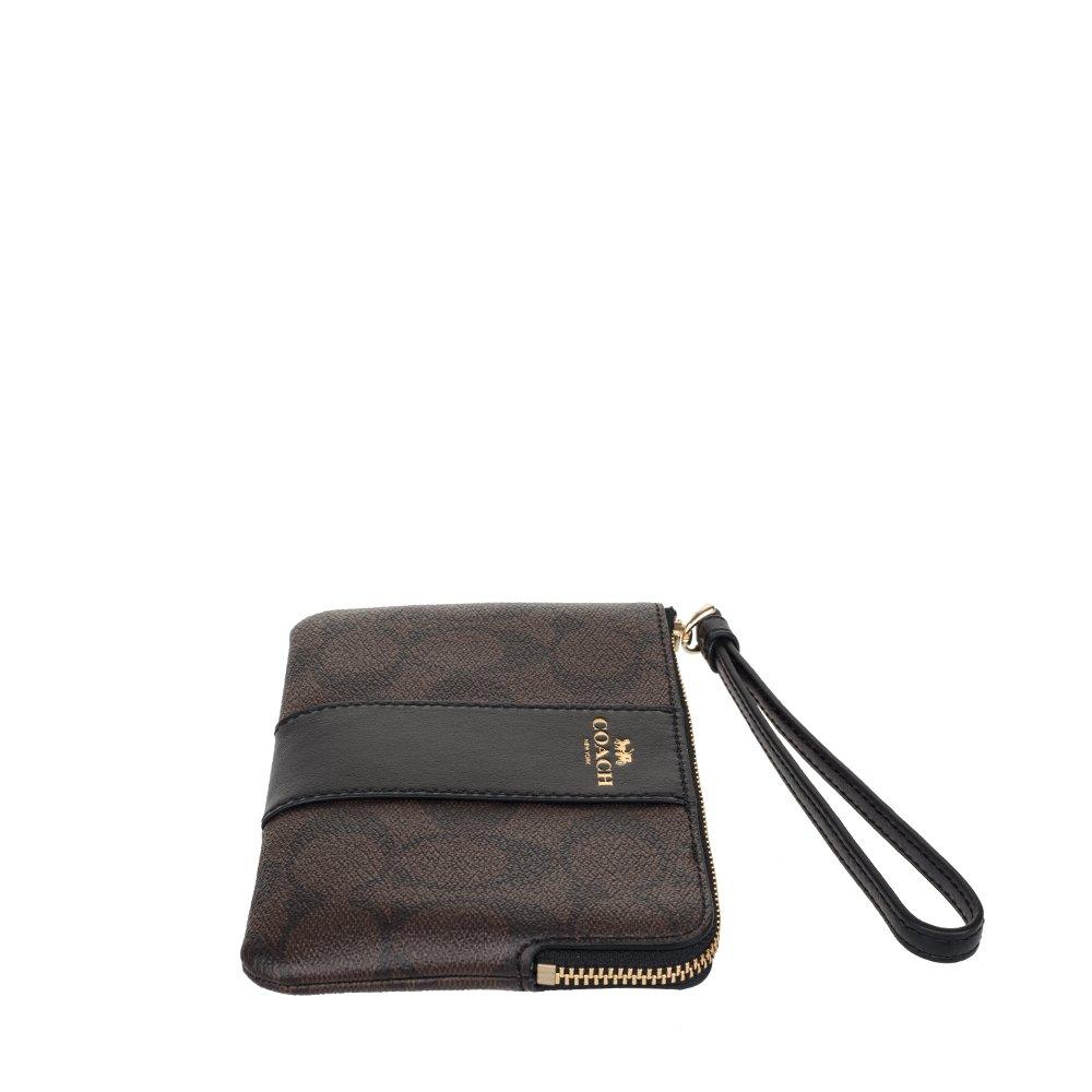 Coach F58035 Corner Zip Wristlet Signature Coated Canvas One Size Black Brown,
