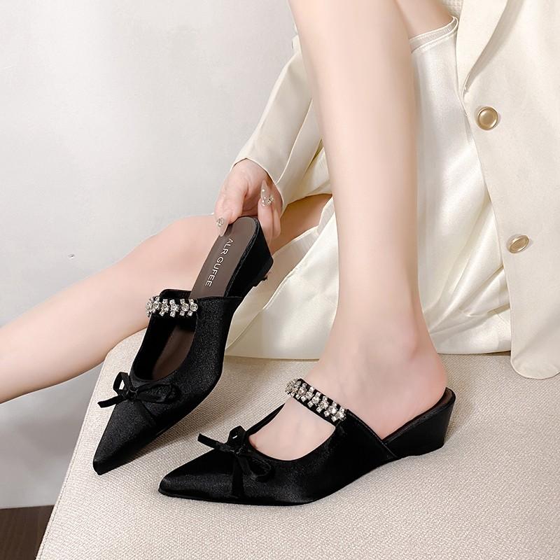 Fashion Wedges Crystal Women Slippers Elegant Mid Heels Sandals Slingback Mules Shoes Fashion Woman Pumps 2025 Summer New Dress Zapatos