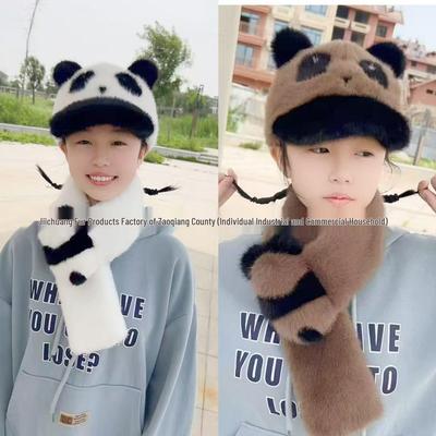 Gemütliche Panda-Stil Kunstmink Fellmütze mit Ohrenschutz und Schal für Herbst/Winter