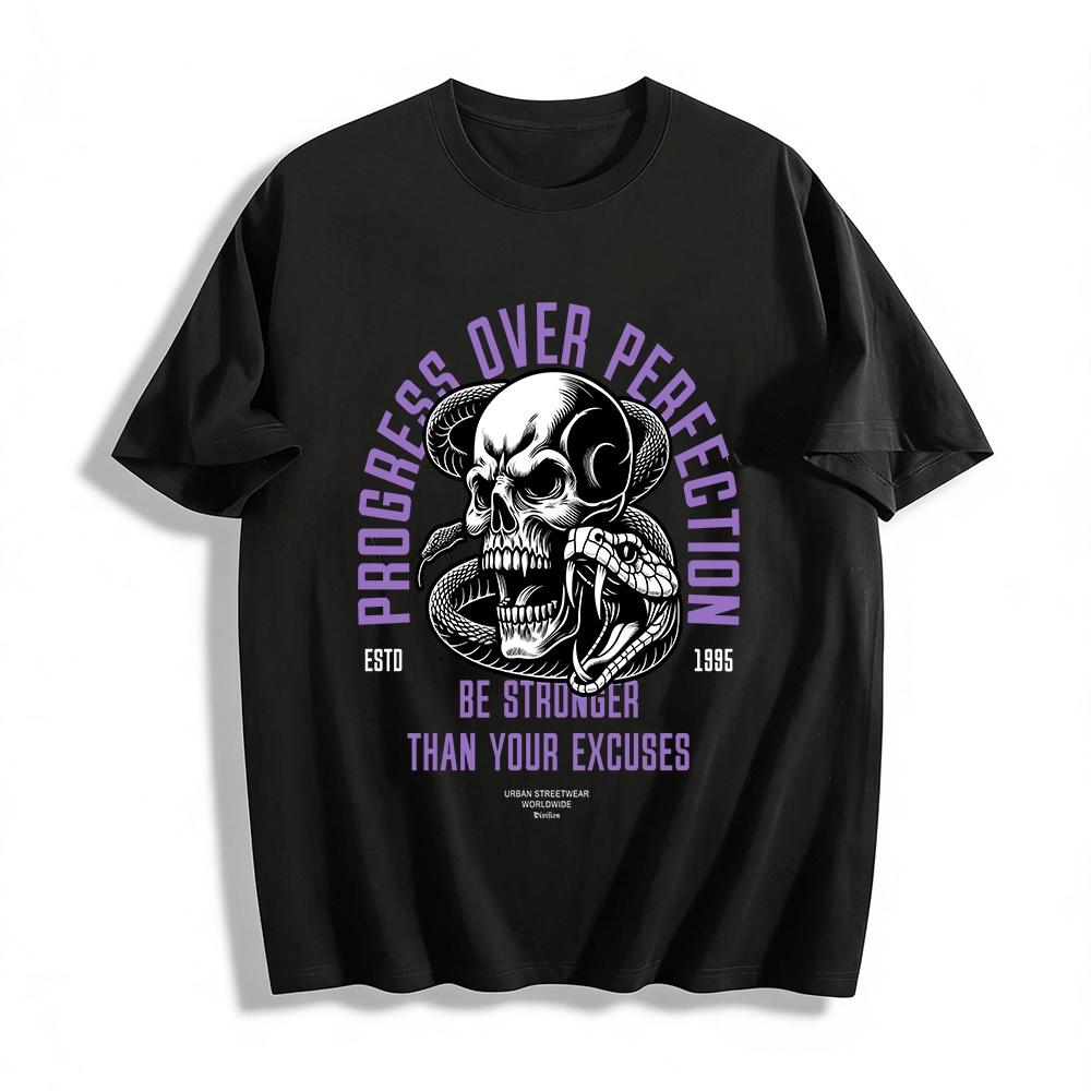 Progress Over Perfection Skull Snake Graphic Motivational Tee Pure cotton T-shirt XXS