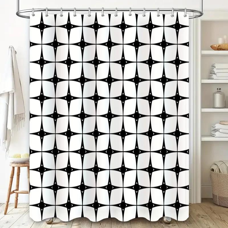 Black White Diamond Pattern Shower Curtain Water-Resistant Fabric Bath Decor Waterproof Privacy Screen 72x84in (180cm X 213cm)