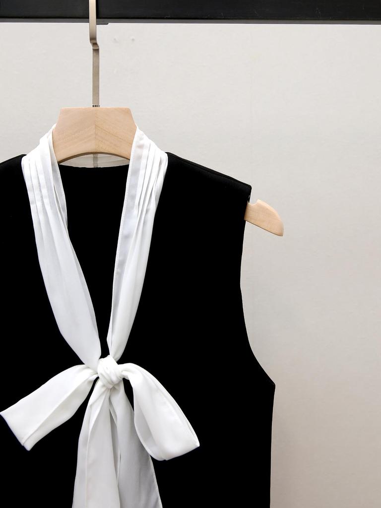 S Family Autumn French Hepburn Color Block Ribbon Bow Short Loose Vest Top