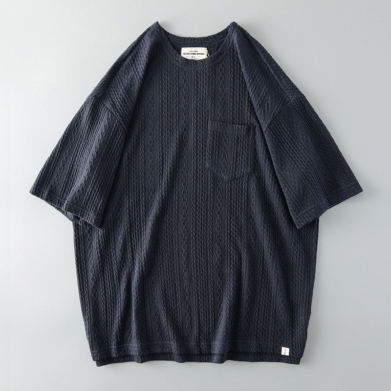 Trendy Vintage Knitted Jacquard Men s Short-Sleeved T-shirt Navy blue 2XL