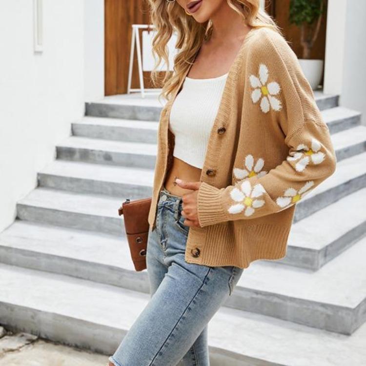 V Neck Floral Pattern Knitwear Cardigan Women Long Sleeve Button Placket Knitting Coat Sweater Jacket