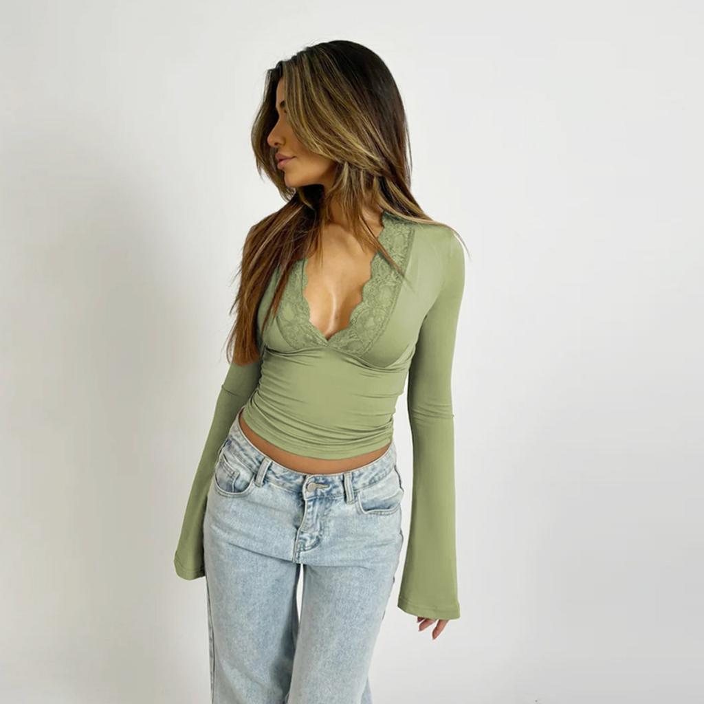 Women's Sexy Long Sleeve Slim Fit V-neck Lace Spliced Basic Top, Popular Casual Blouse for Daily Wear