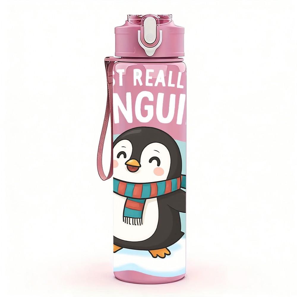 1PC Cute Penguin Winter Cartoon Print 750ml Color Plastic Sports Water Bottle Leakproof Flip Straw Lid Suitable for Sports Office Home Use