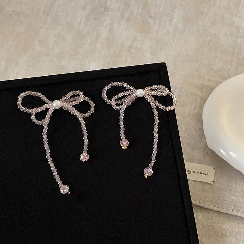 Pink Crystal Bow Fringed Stud Earrings Women'S Light Luxury High Sense Personality Unique Exquisite Fashion Earrings