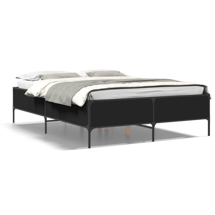 VidaXL Cadre de Lit, Lit Double avec Sommier à Lattes, Lit Adulte avec Pied Chambre, Moderne, Noir 140x200 cm Bois 3279797