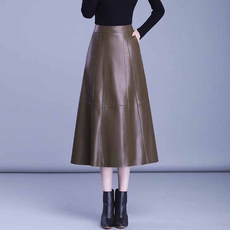 Women's Genuine Leather High Waist Midi Skirt - Autumn 2025 A-line Lambskin Umbrella Skirt