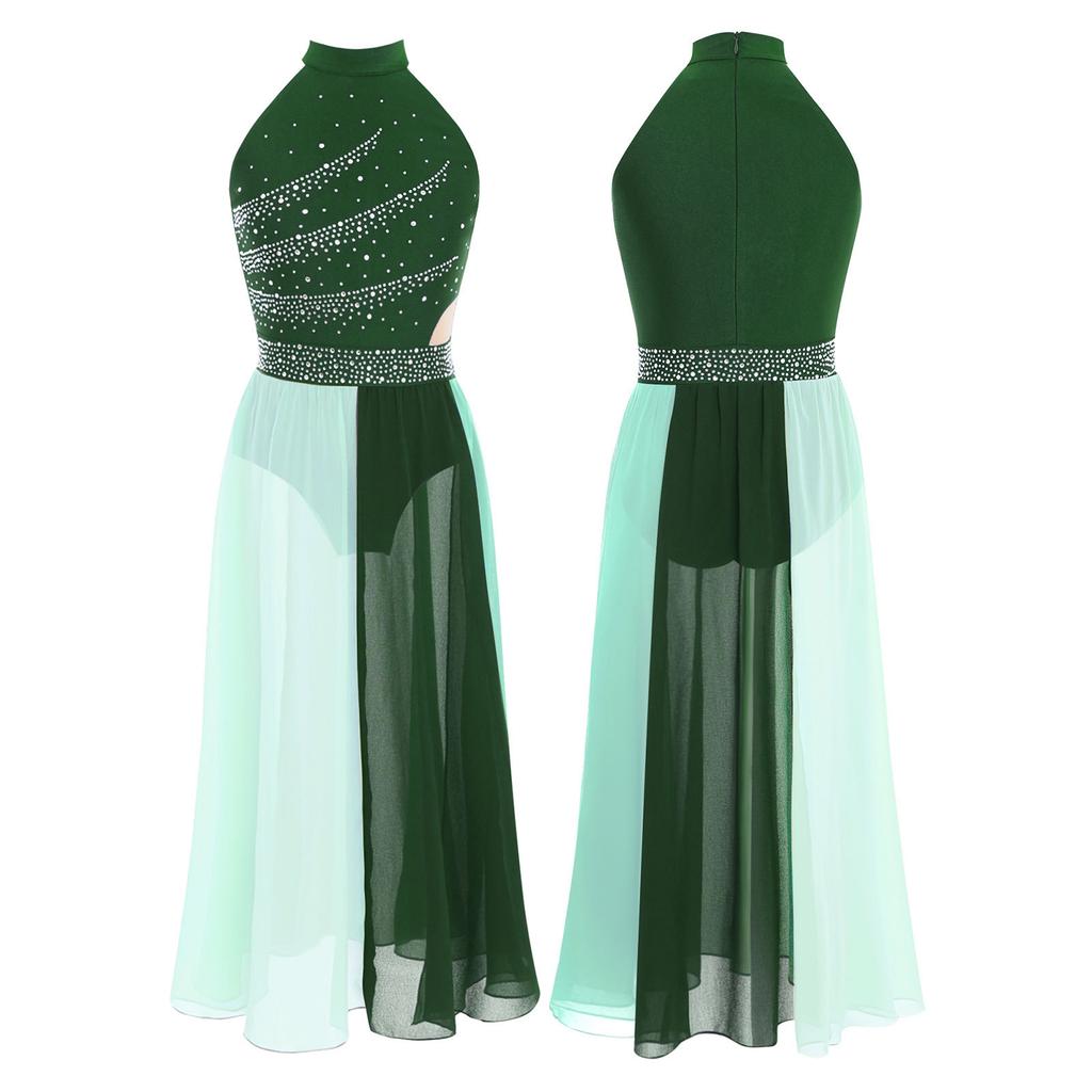 Dívčí moderní lyrické taneční šaty bez rukávů s falešným výstřihem, šifonový kostým s kamínky, barevný blok, boční rozparek a skrytý zip