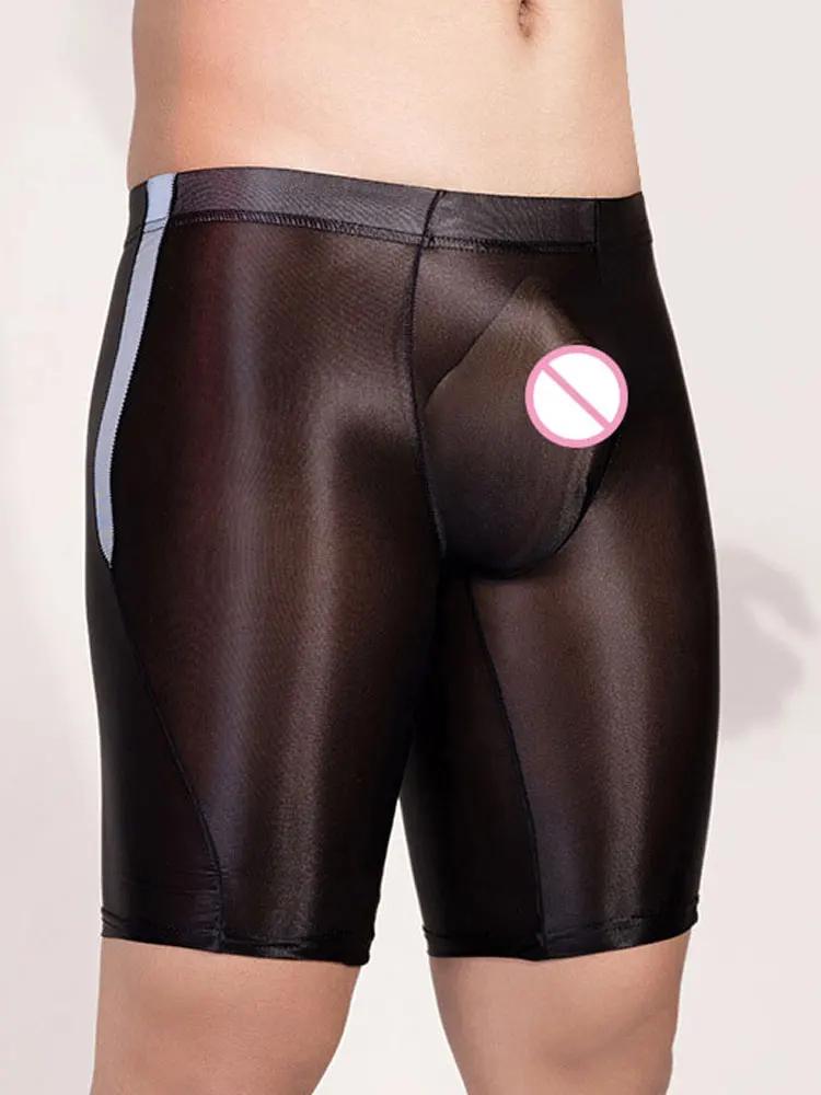 Sexy Oil Shiny Smooth Shorts For Men Bulge Pouch Shapewear High Elastic Sheer Transparent Boxer Gym Man Clothing Leggings Slim