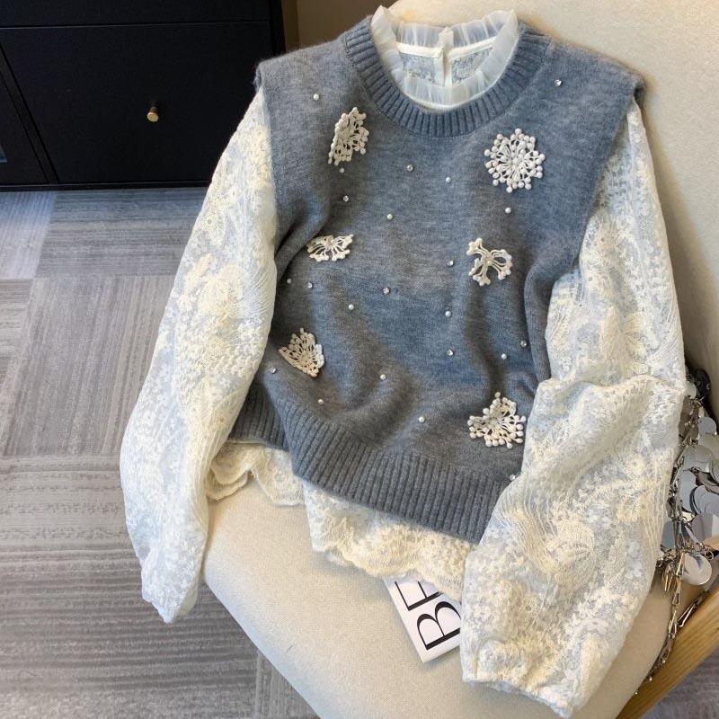 Set Top for Women Winter Flower Knit Sweater Vest Lace Slim Long Sleeve Bottom Shirt Two Piece Set