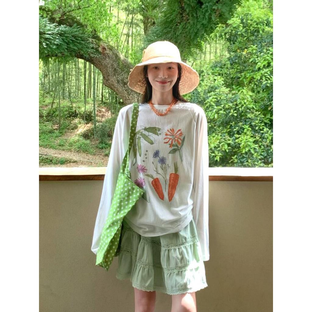 Sweet Japanese cute wind snowflake cotton long-sleeved T-shirt women's summer loose lazy wind large version sunscreen blouse top