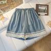 Plus Size Women's Lace Trim Denim Shorts - Loose Wide Leg Casual Capris