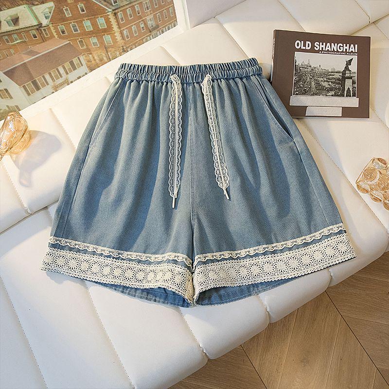 Plus Size Women's Lace Trim Denim Shorts - Loose Wide Leg Casual Capris