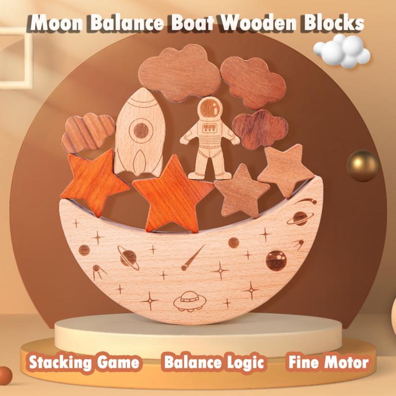 Montessori Toys Wooden Balance Boat Blocks Stacking Tower Games Space Moon Balance Blocks Fine Motor Skill Early Education Toys