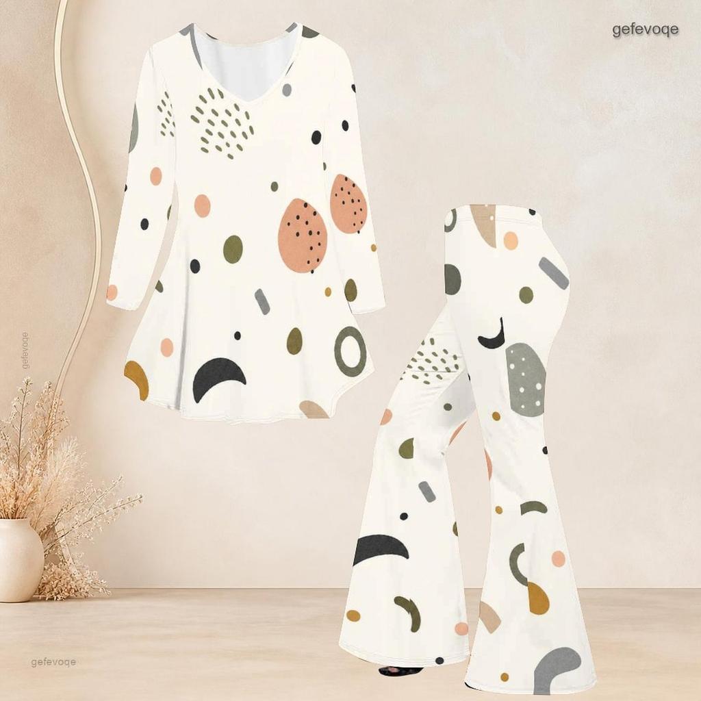 Women Plus Size V Neck Three Quarter Sleeve Plaid Printed Tunic Top Flared Pants Two Piece Set